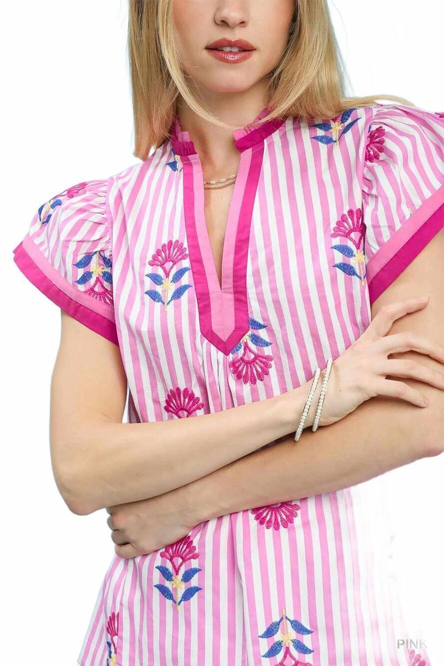 NEW UMGEE embroidered striped flutter sleeve top in pink - Picture 6 of 6